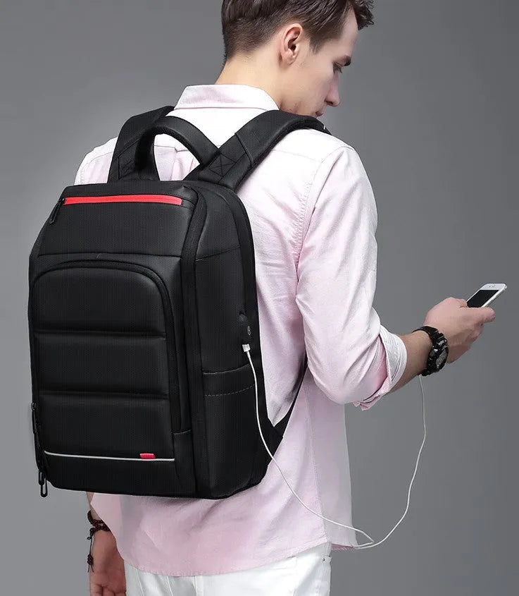 Black waterproof PVC backpack with USB charge port and compartments for 15.6 inch laptop