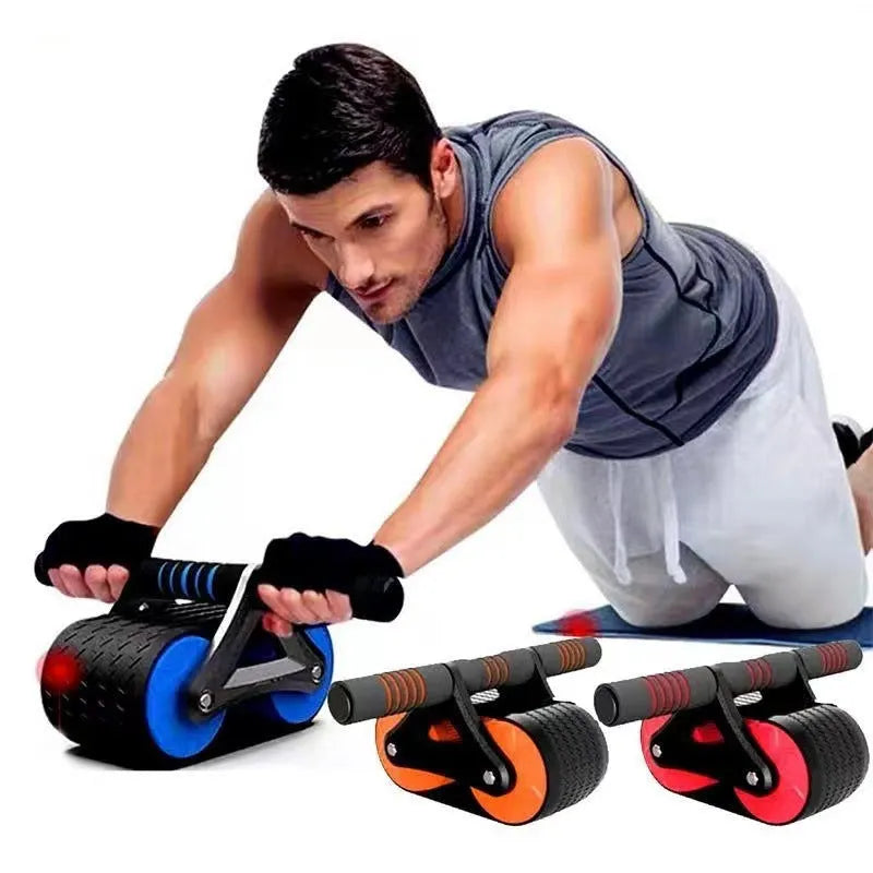 Double wheel abdominal exerciser with automatic rebound and blue kneeling pad on a dark surface