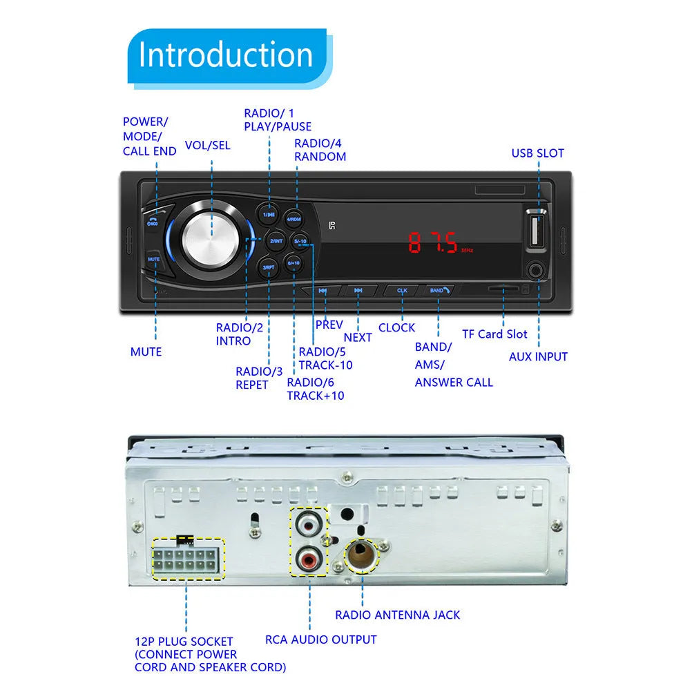 Black car Bluetooth MP3 player FM radio model 1028 with 12V DC power, monochrome screen, and remote control
