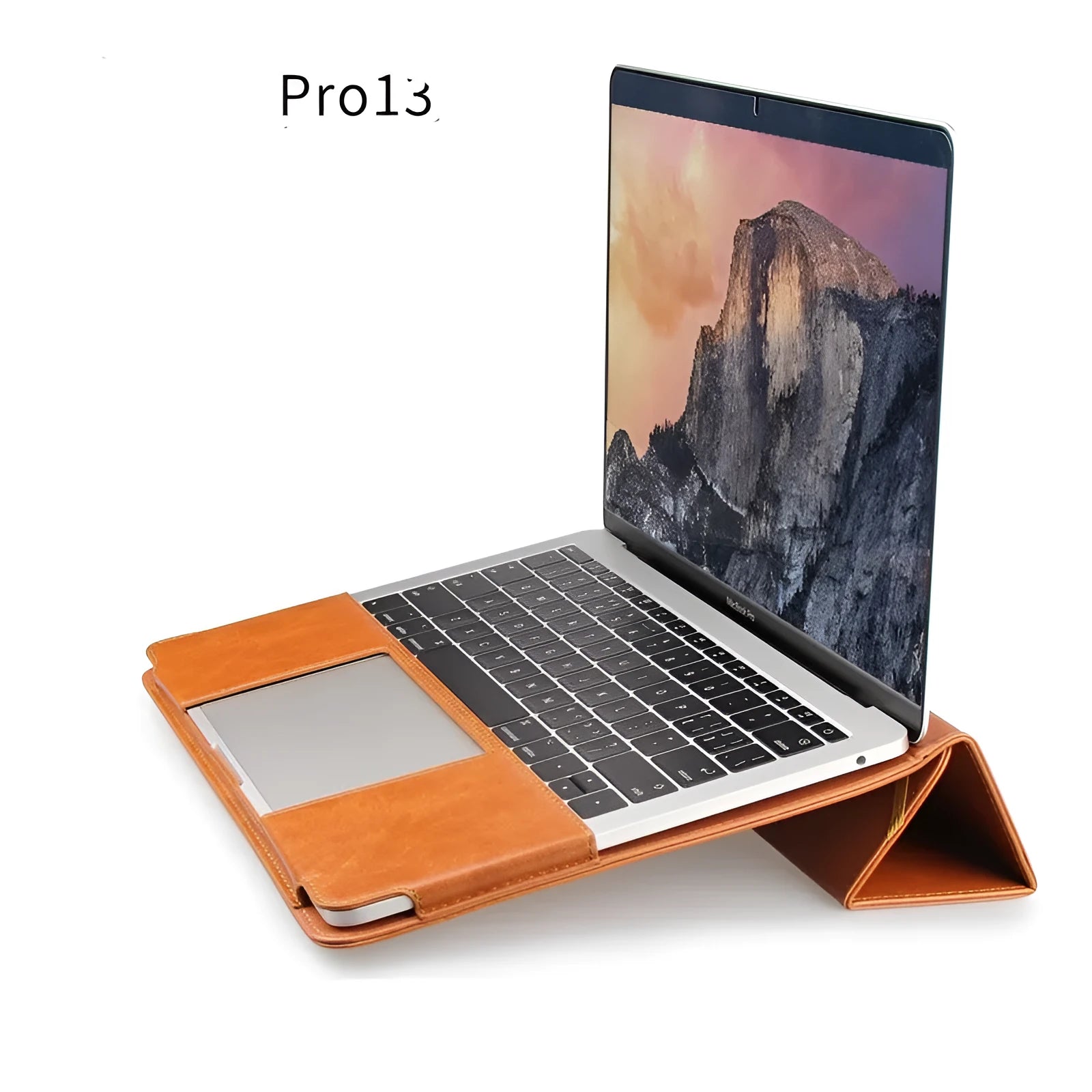 Imitation leather laptop sleeve for 13.3-inch MacBook Pro in brown, shown on a desk