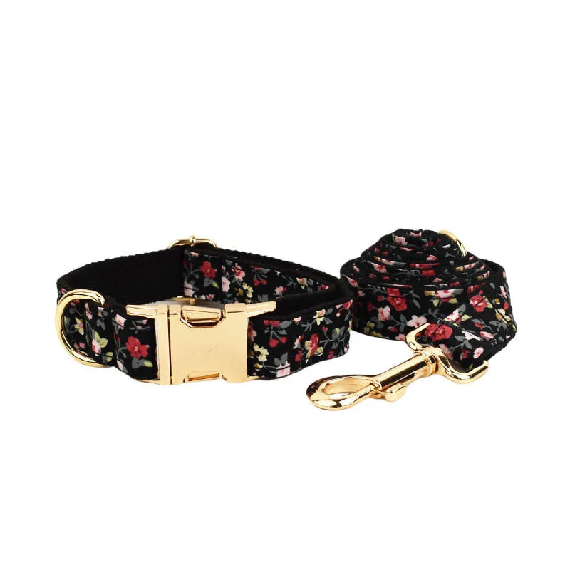 Cloth dog collar set with removable bow print includes matching leash, bow accessory, and vest in multiple sizes