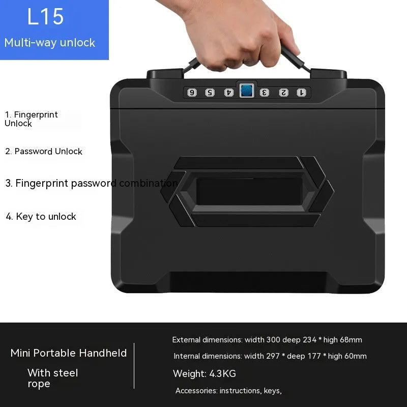 Portable small safe box with a mechanical dial combination lock on the front.