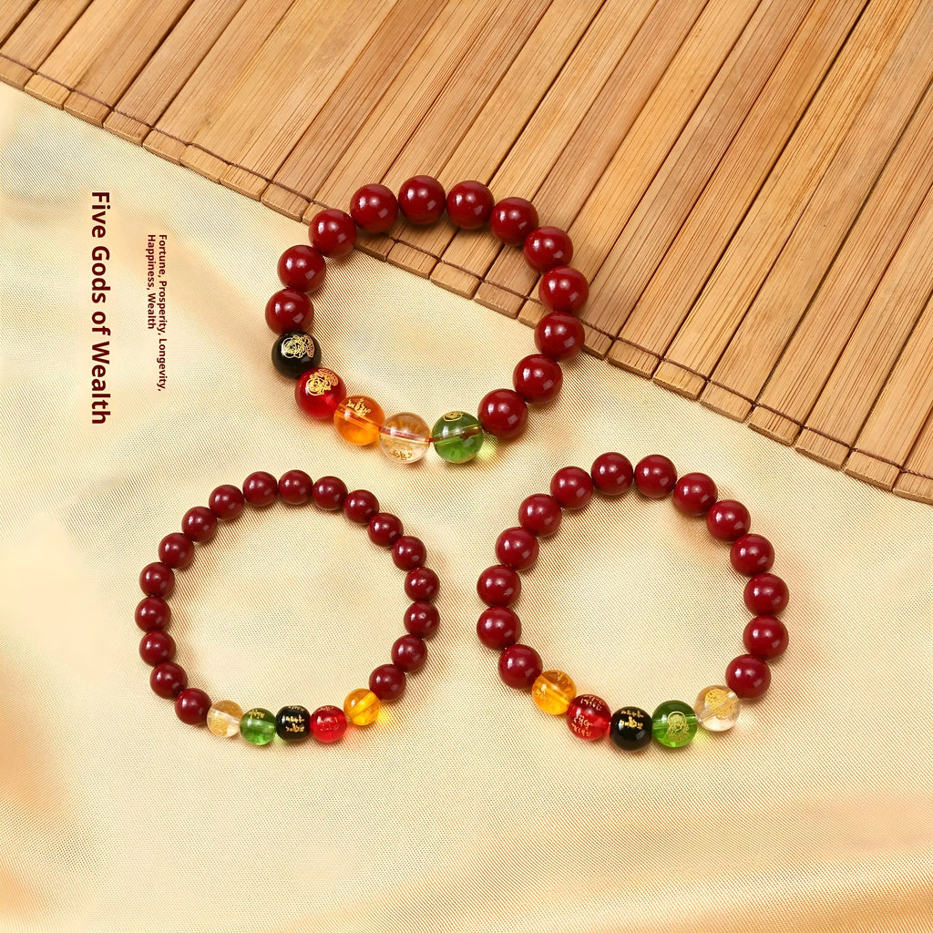 New Five Gods Of Wealth Cinnabar Bracelet in geometric bead shape, available in 8mm to 14mm sizes