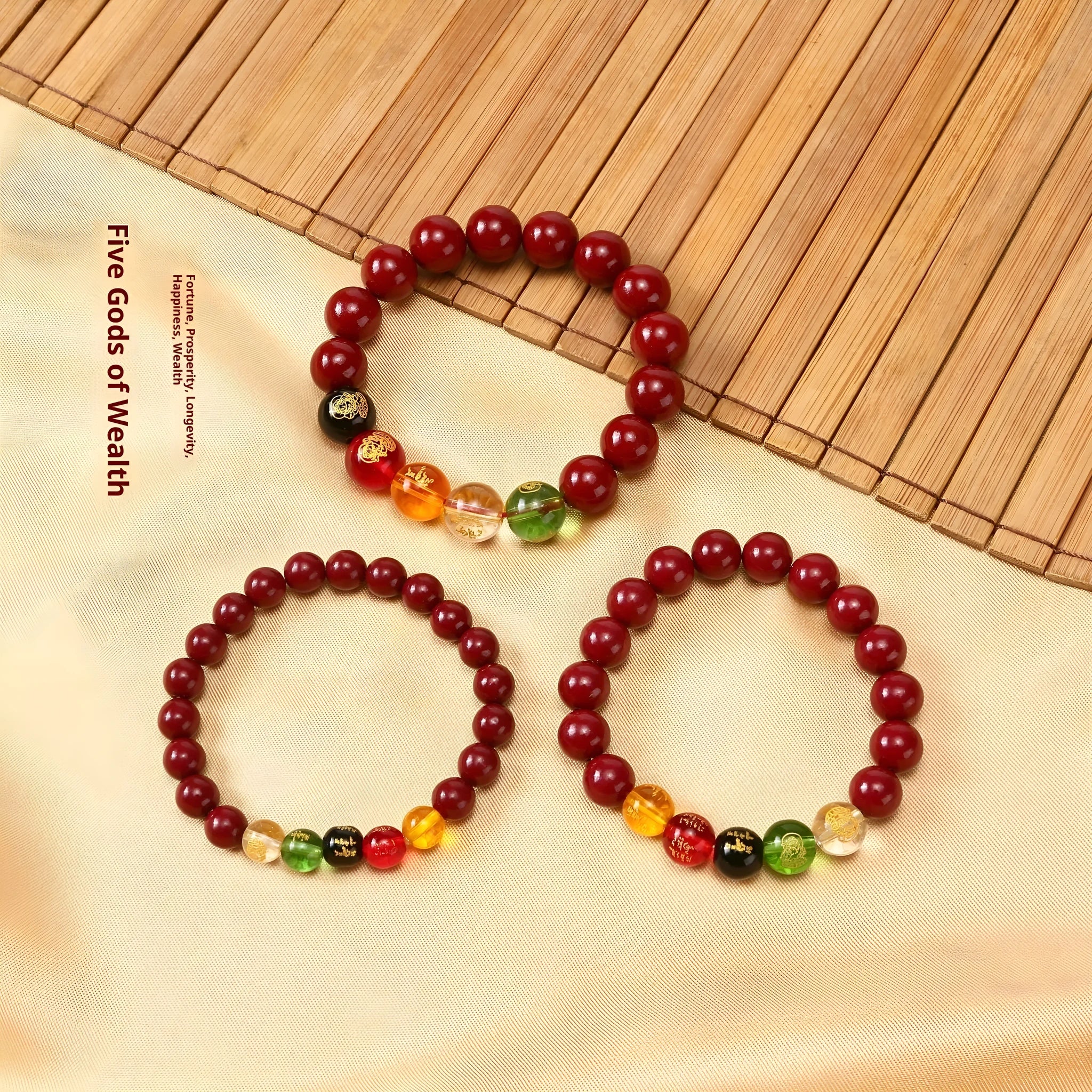 New Five Gods Of Wealth Cinnabar Bracelet in geometric bead shape, available in 8mm to 14mm sizes