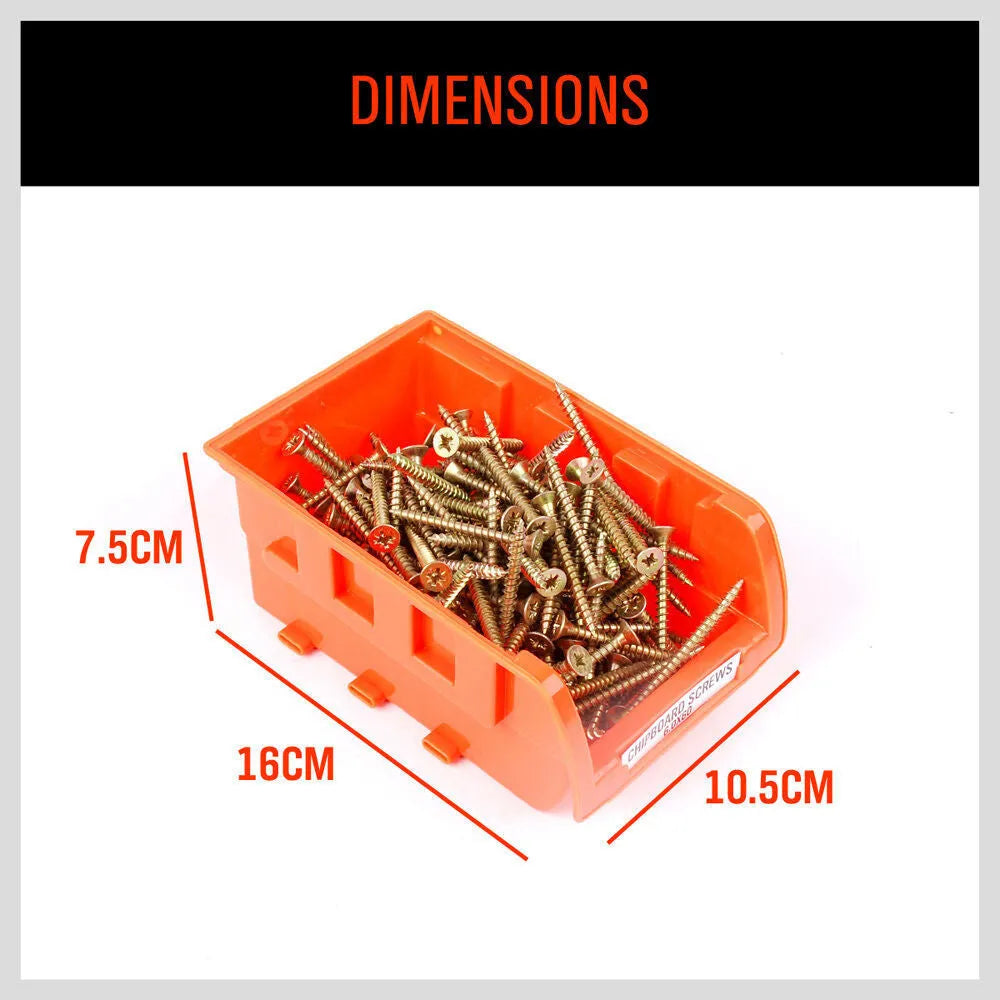 Stackable plastic tool box with eight compartments for tool storage.