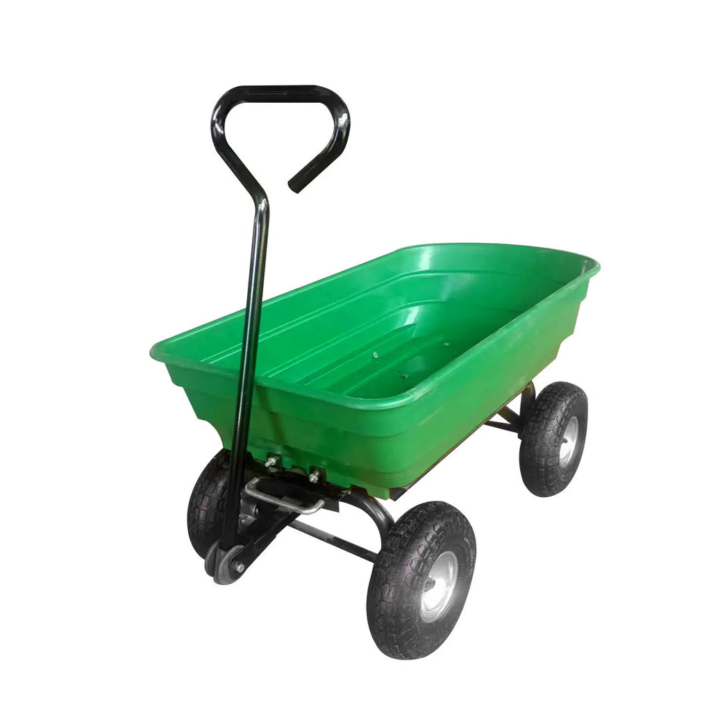 Green four-wheel plastic dump truck with a Steel PP body, model TC2145, for agricultural use.