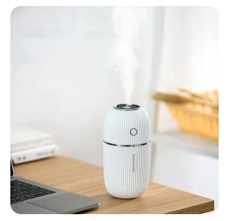 300ml USB mini ultrasonic humidifier with colourful LED lights, 151.3 x 78.6 x 78.6mm, in blue, pink, white, or navy blue