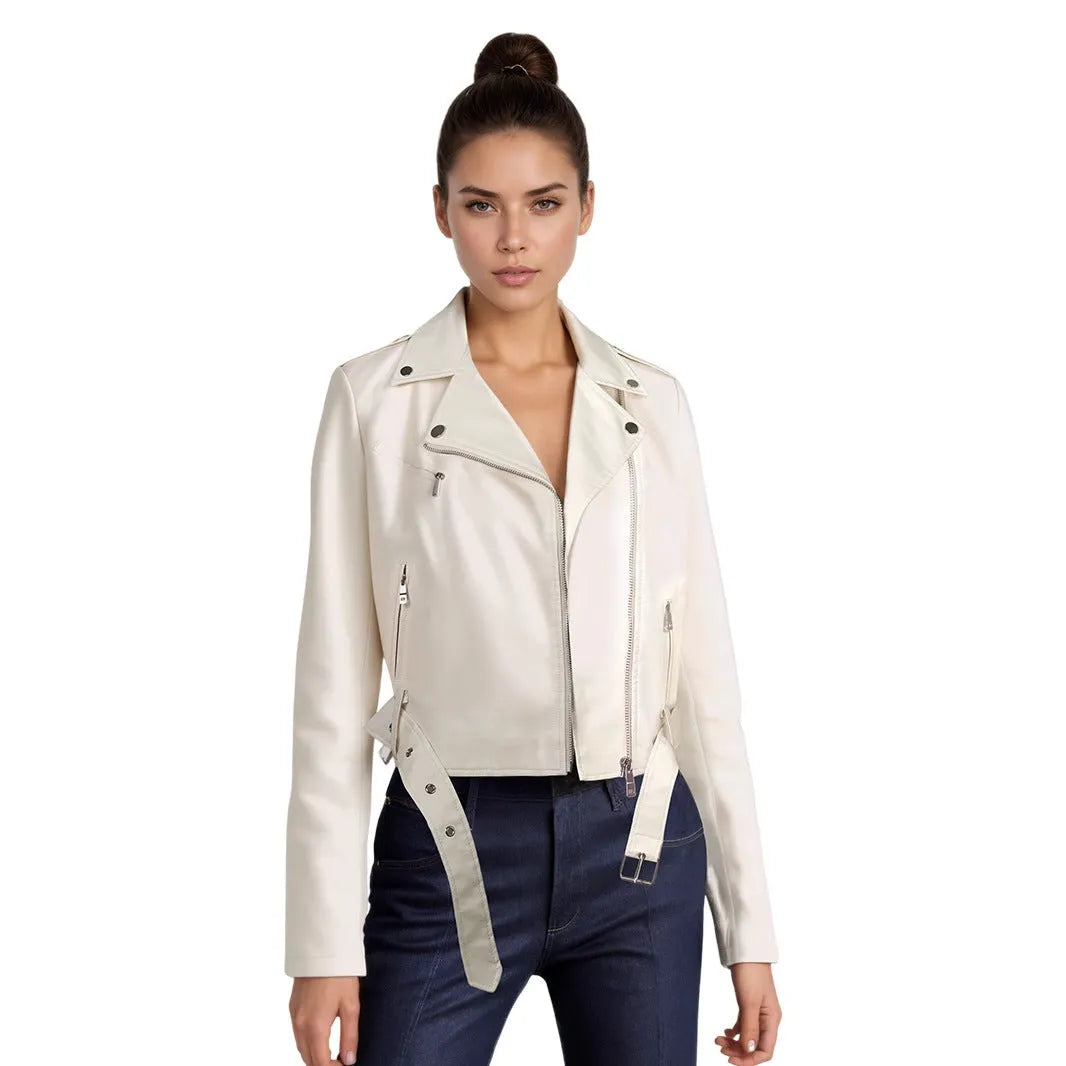 Women's short black PU leather biker jacket with an adjustable waist belt, shown on a model.