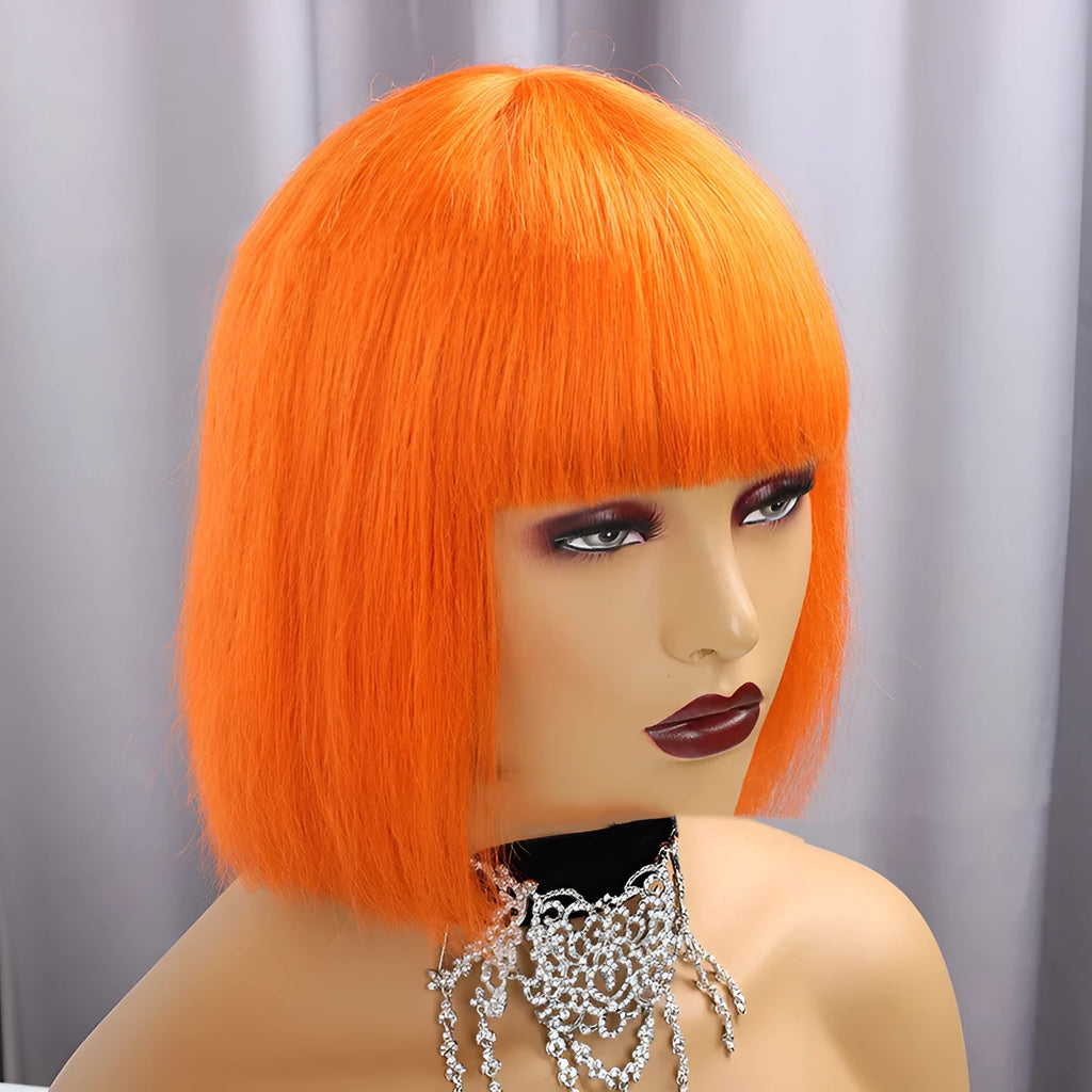 Real hair full bangs headgear wig in short straight style, 10 inches, Qi bangs, mechanised construction