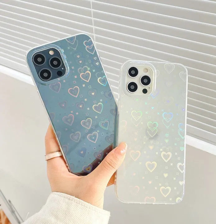 Transparent phone back cover with laser-etched colourful double love design, compatible with multiple iPhone models