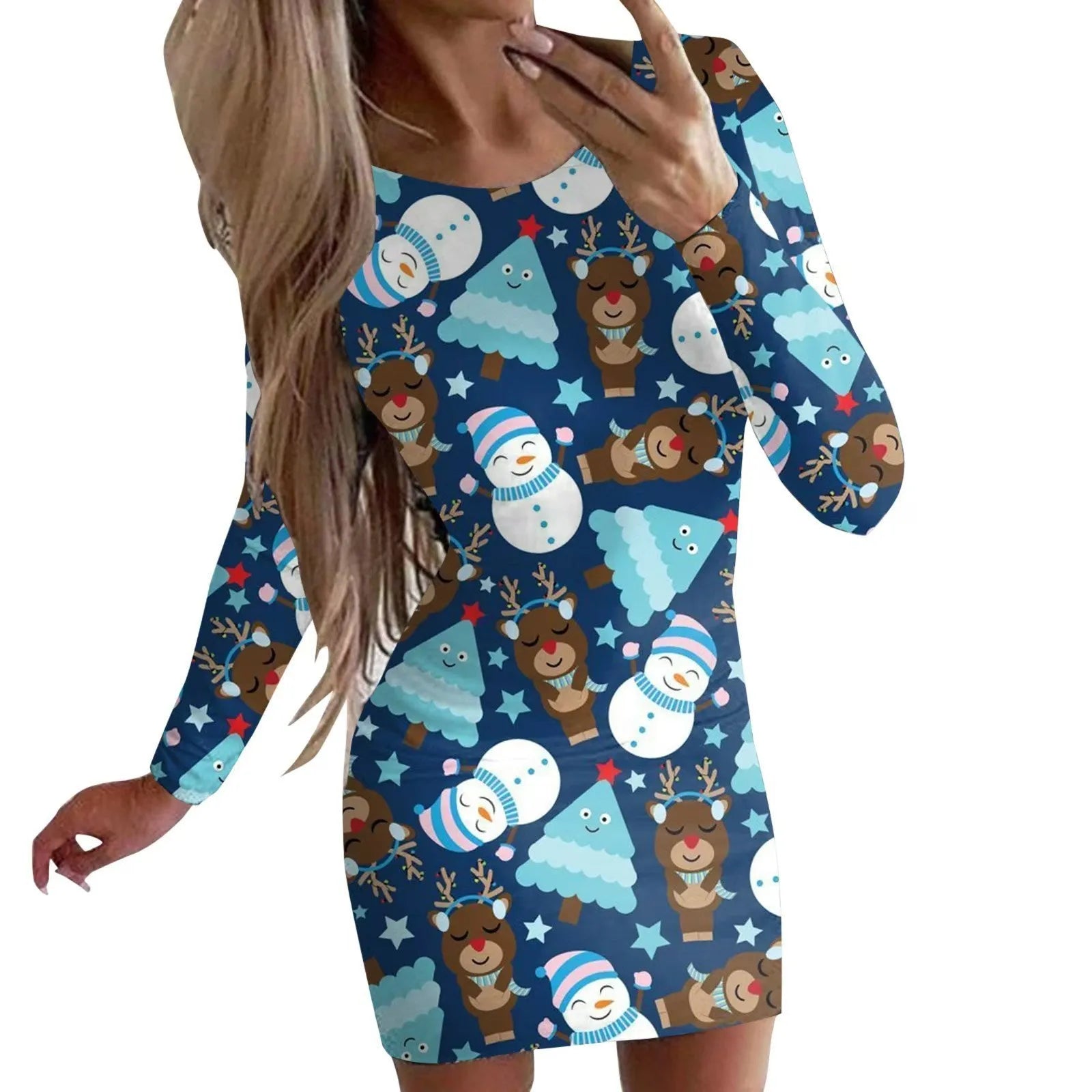 Red printed Christmas dress with animal pattern, round neck, long sleeves, and a tight-fitting hip skirt.