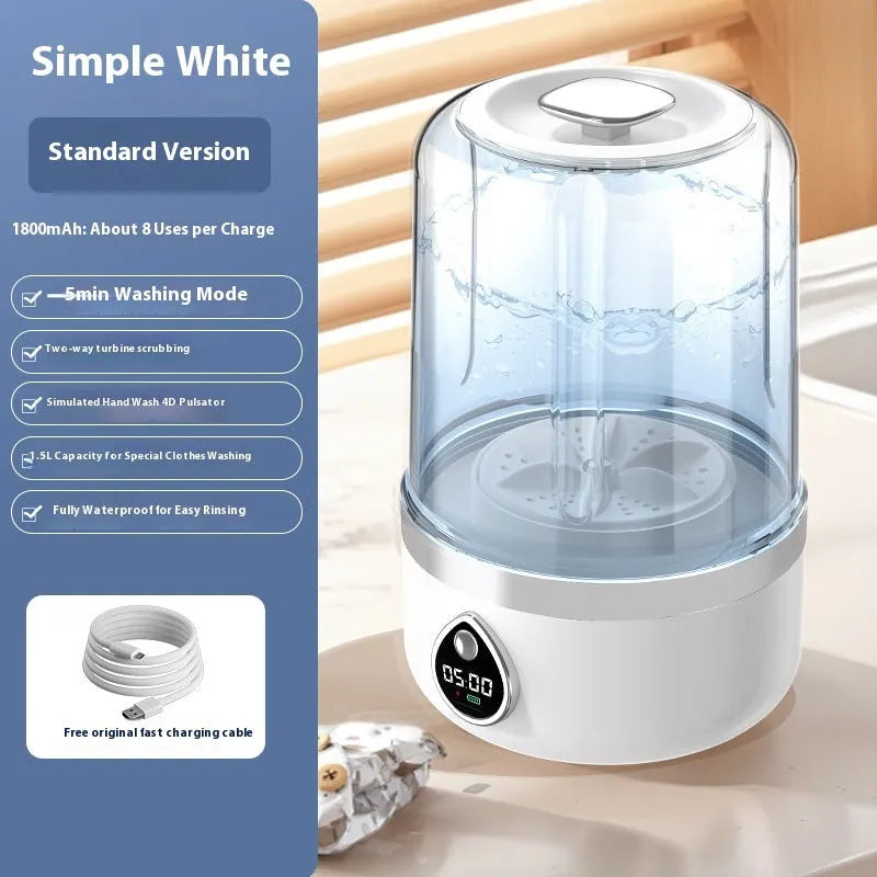 Portable white mini washing machine with USB cable on a countertop.