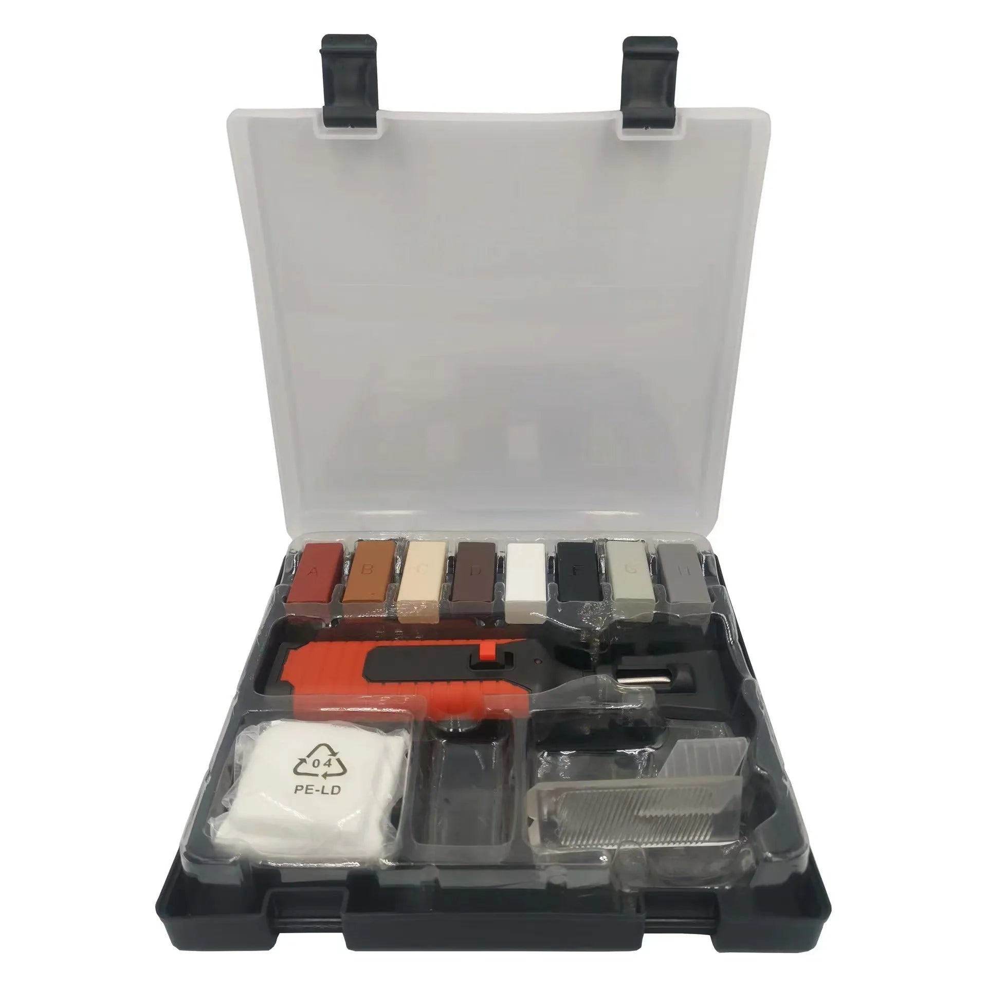 Floor repair tool kit with plastic handles and wax sticks for tile restoration