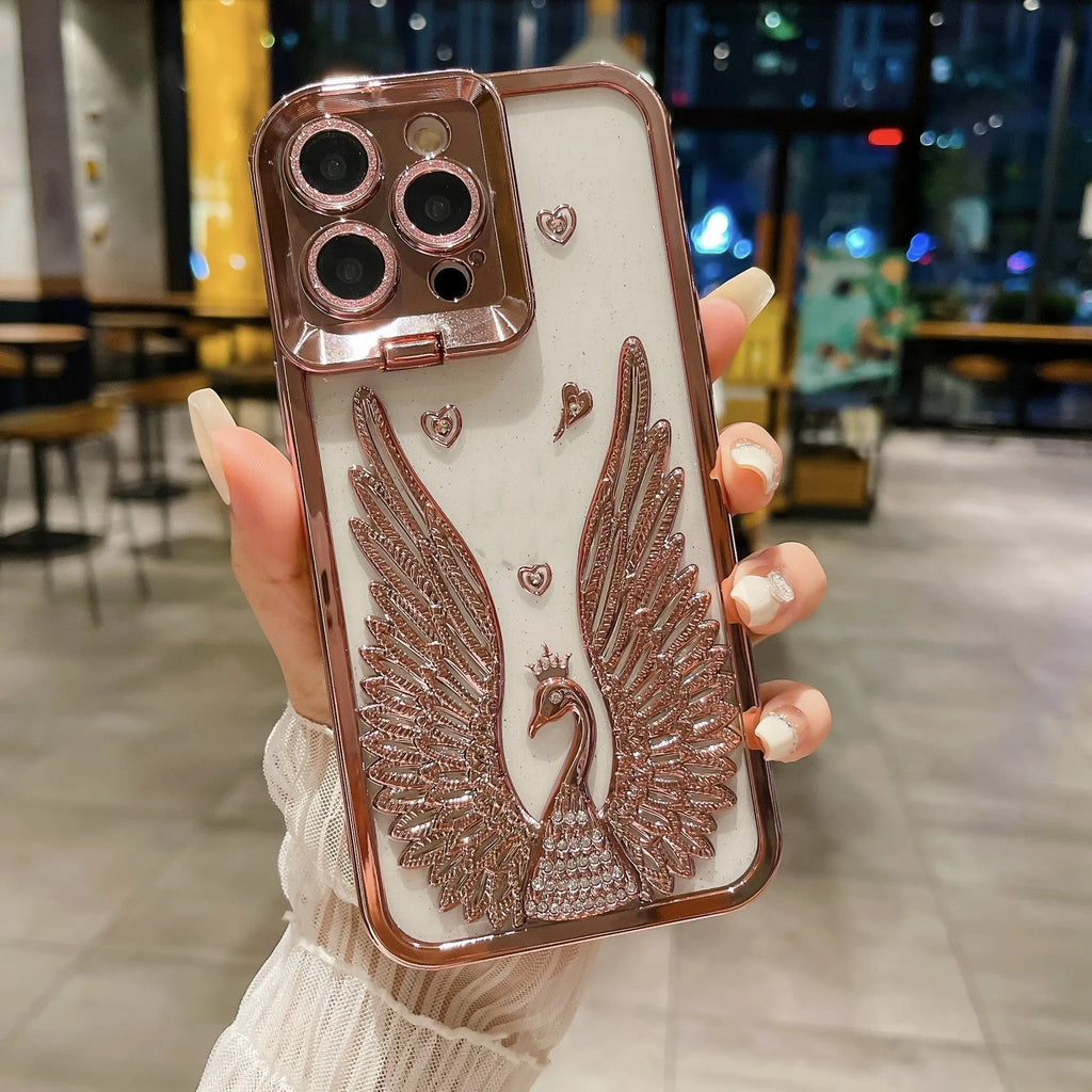 Angel wing frame bracket electroplated TPU phone case in transparent black for iPhone 15 Pro Max with built-in stand