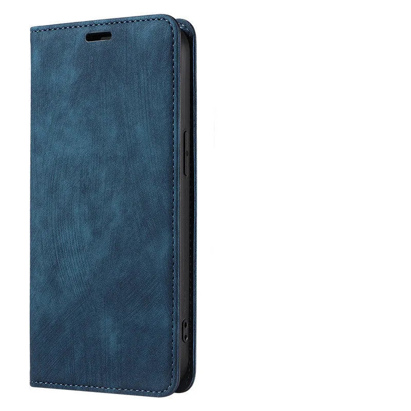 Magnetic flip phone case in grey showing front flap with card slots closed over an iPhone