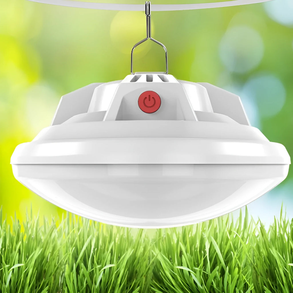 Solar-powered portable LED camp light with built-in 18650 battery for extended outdoor lighting.