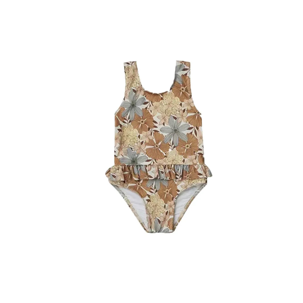 Girls' high elasticity one piece swimsuit with floral print design and shoulder straps