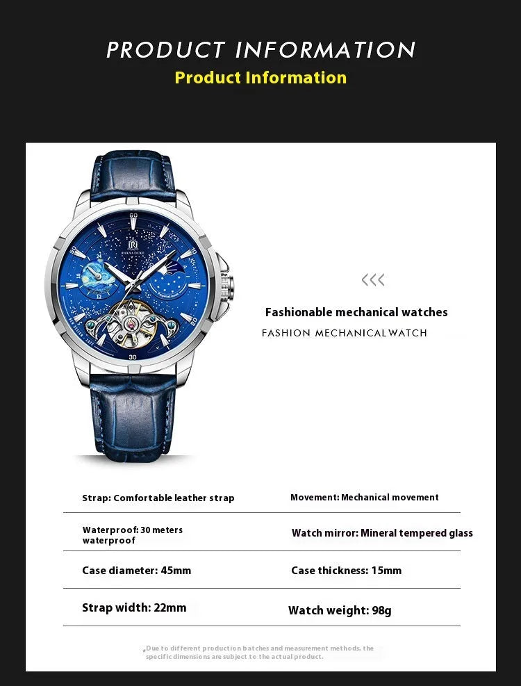 Blue men's automatic skeleton watch with stainless steel bracelet and day-date window