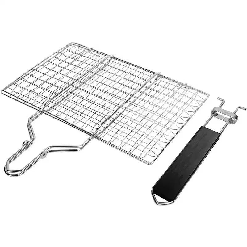 Square stainless steel wire barbecue mesh basket in a folded position with a cleaning brush.
