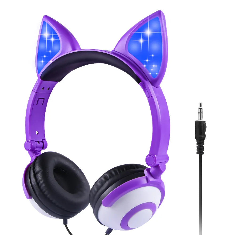 LED flashing cat ear headphones, wired 3.5mm over-ear headdress with 40mm speakers in peach pink or purple