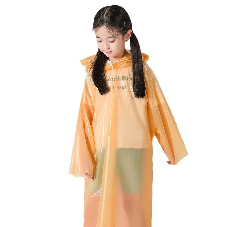 Disposable children's plastic poncho raincoat folded on a 13cm by 9cm card in assorted colours.