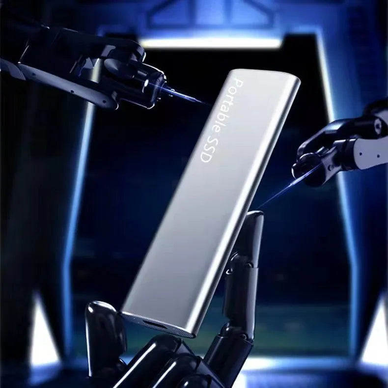 Ultra-thin metal mobile SSD for external storage and high-speed data transfer.