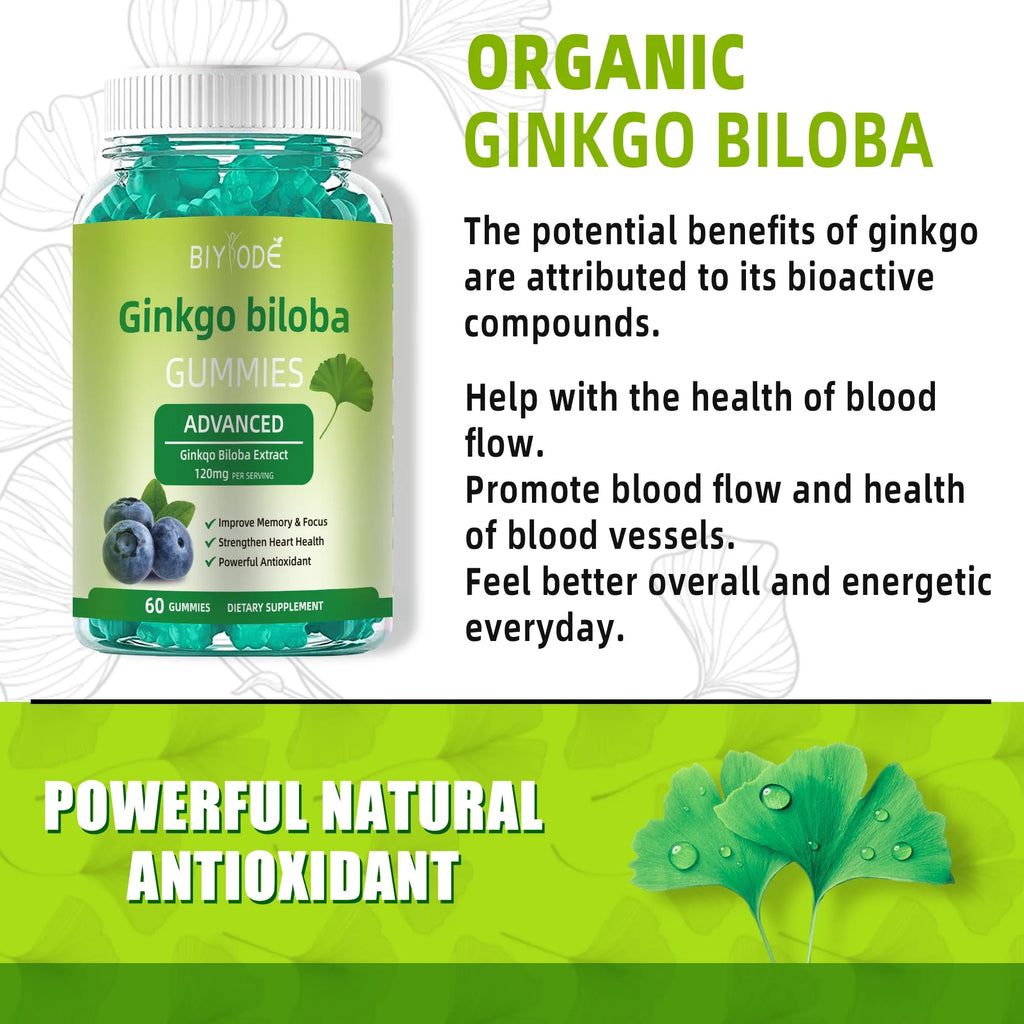 Ginkgo biloba gummies bottle with 60 gummies for memory and focus support herbal supplement