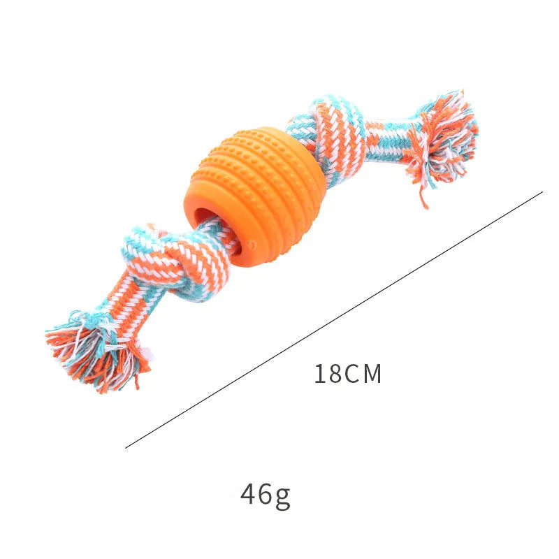 Blue soft dog chew toy with integrated rope for dental care and oral health.