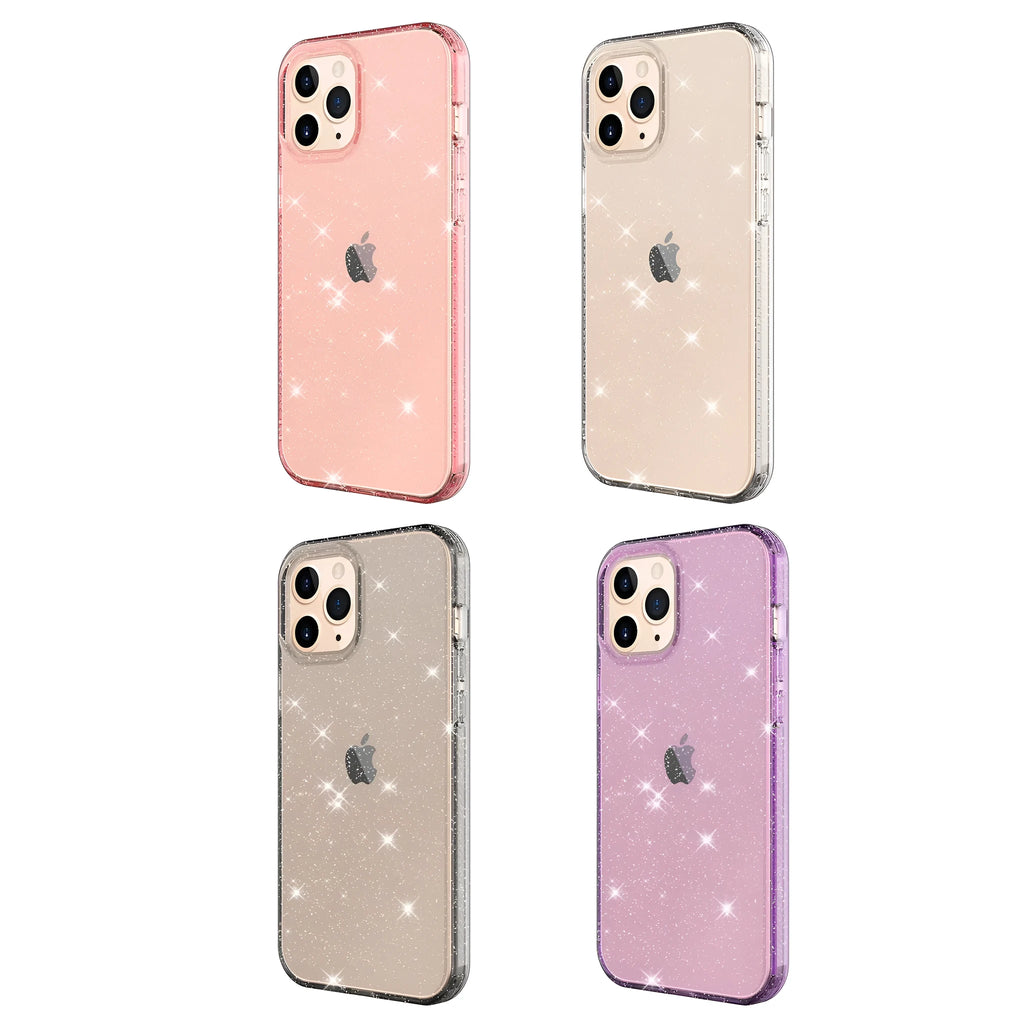 Glitter transparent TPU phone case for iPhone 12 Pro Max in pink, shown from the back.