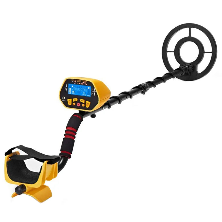 GC1028 black and yellow professional metal detector with LCD screen and adjustable pole on grass.