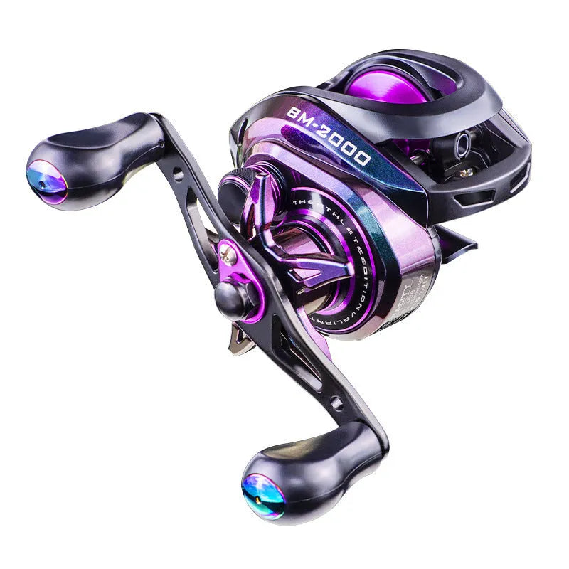 BM2000 water drop-shaped fishing reel with magnetic brake system shown in product packaging