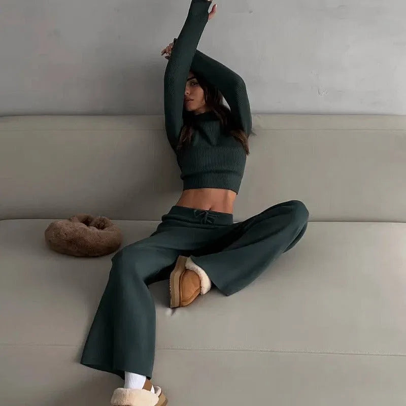 Women's cotton blend leisure suit set long-sleeve top and trousers solid colour apricot or green street fashion