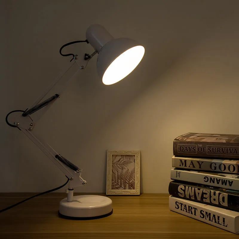 Adjustable long swing arm clip desk lamp in black with iron finish and E27 socket
