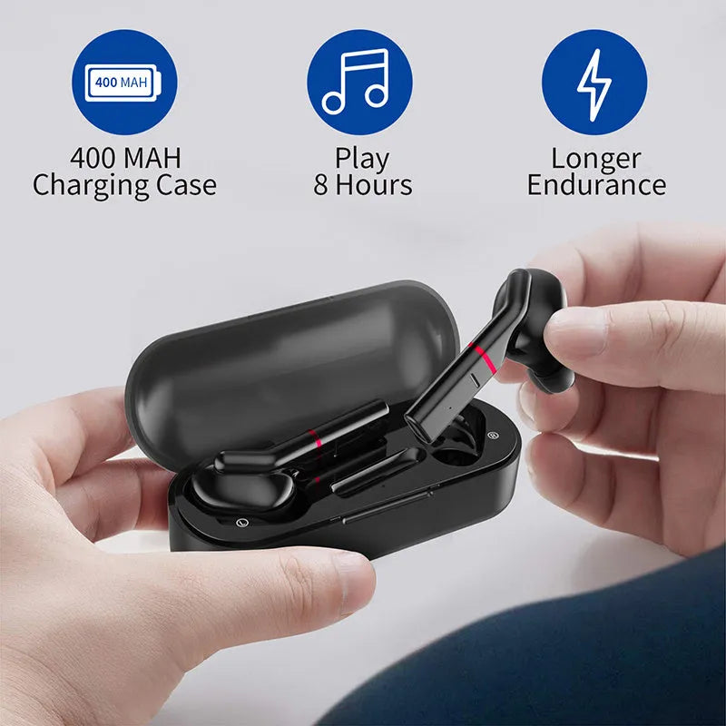 Black and white Bluetooth wireless earphones with charging case showing V5.0 technology