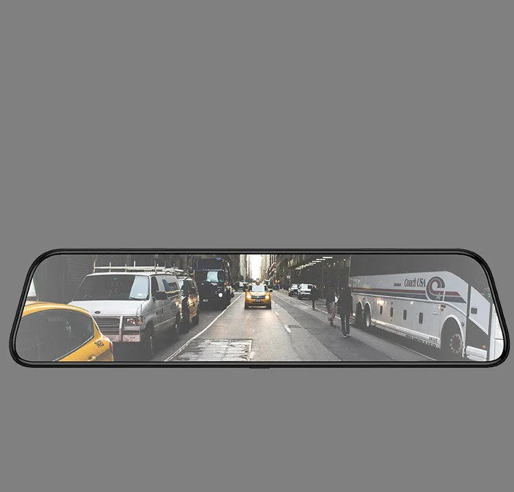 Black 12-inch voice-activated rearview mirror tachograph with touch screen and wide-angle camera