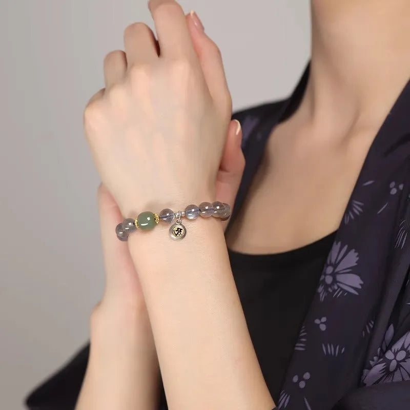 8mm moonstone women's bracelet with Thousand-Hand Kwan-yin mouse zodiac design and electroplated finish