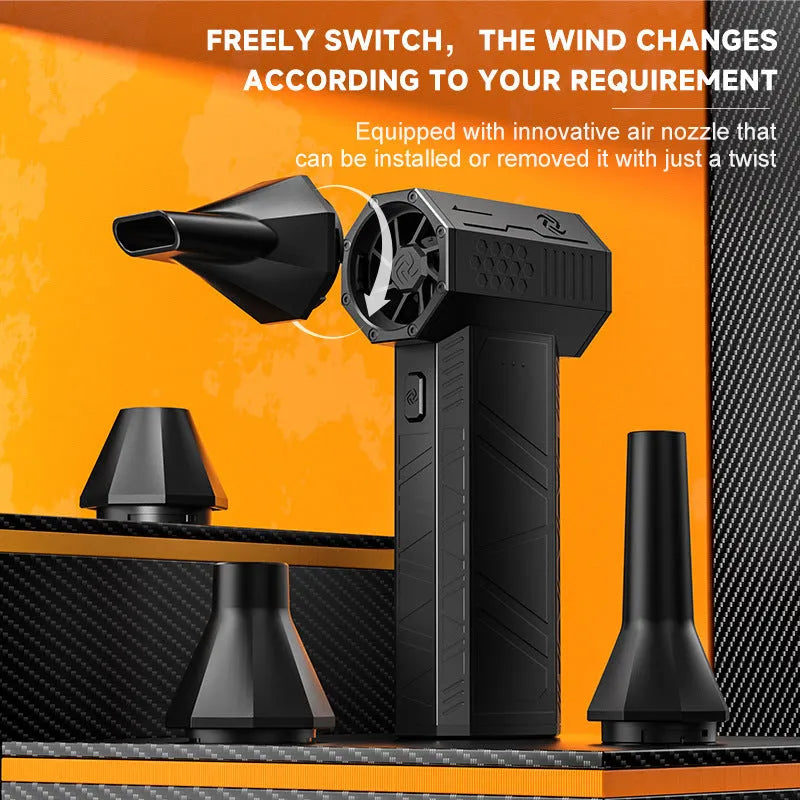 Black integrated mini turbo hair dryer, brushless motor, 131x86x37mm, with four nozzles and USB charging.