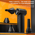 Black integrated mini turbo hair dryer, brushless motor, 131x86x37mm, with four nozzles and USB charging.