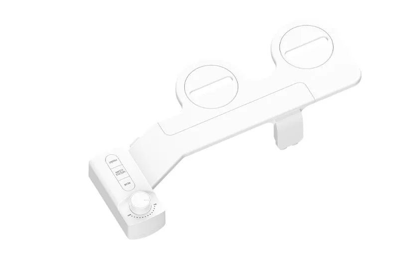 KB06 pure white bidet attachment with control knob, detachable nozzle, and three copper plumbing fittings on a white background.