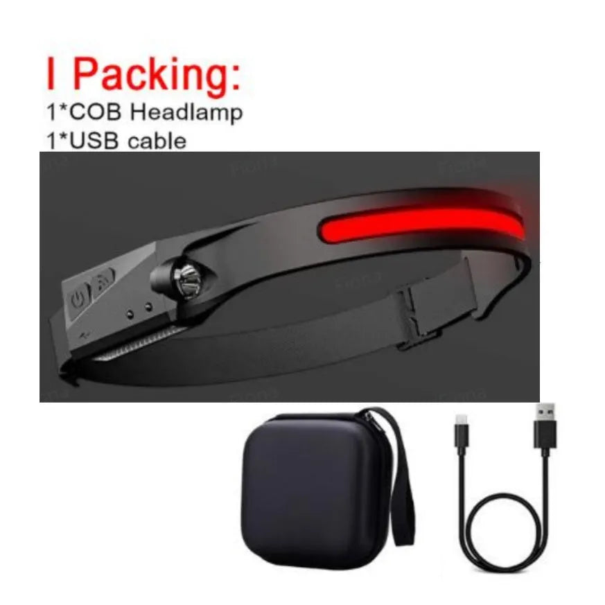 Black USB rechargeable headlamp with a wide COB LED lens and a side wave sensor on the headband.