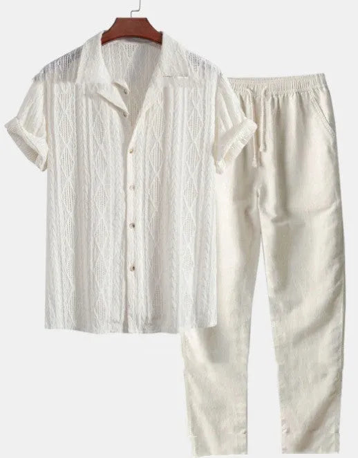 Men's loose short sleeve shirt and matching trousers in milk silk fabric for summer leisure wear