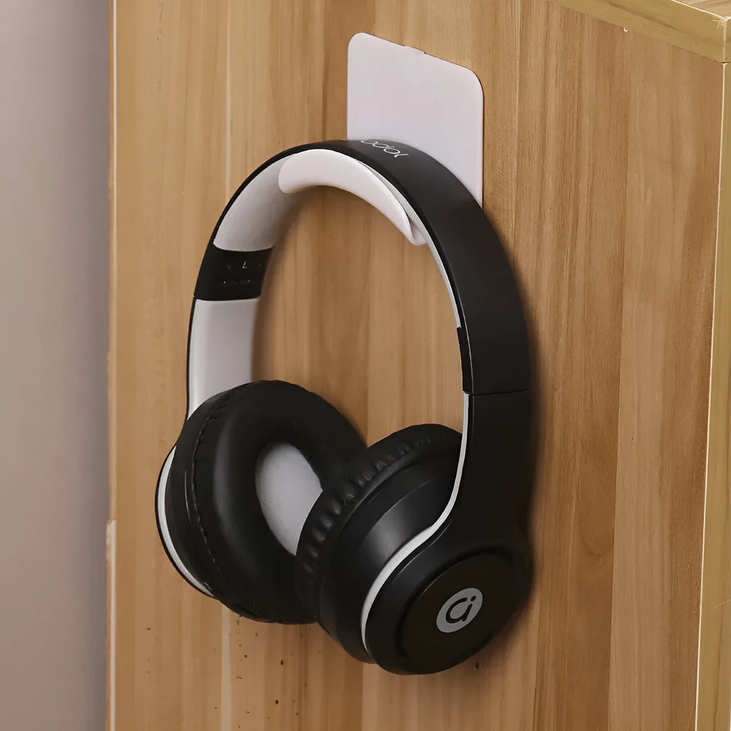Black plastic headphone bracket mounted on wall with universal fit for headset storage