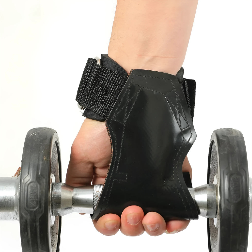 Black rubber weightlifting palm protector belt for non-slip grip during barbell and rock climbing.