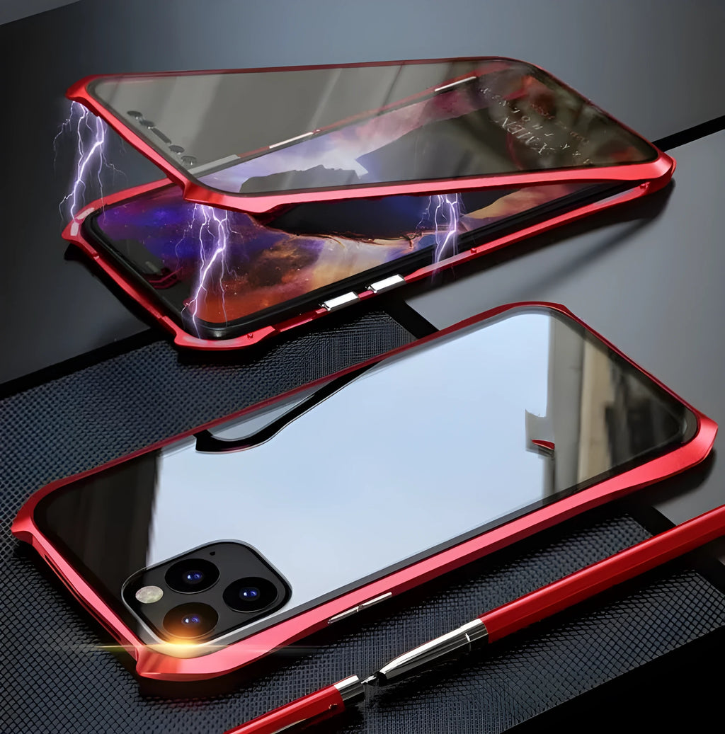 Metal magnetic protective cover for iPhone 11 series in black, blue, red, and silver colours