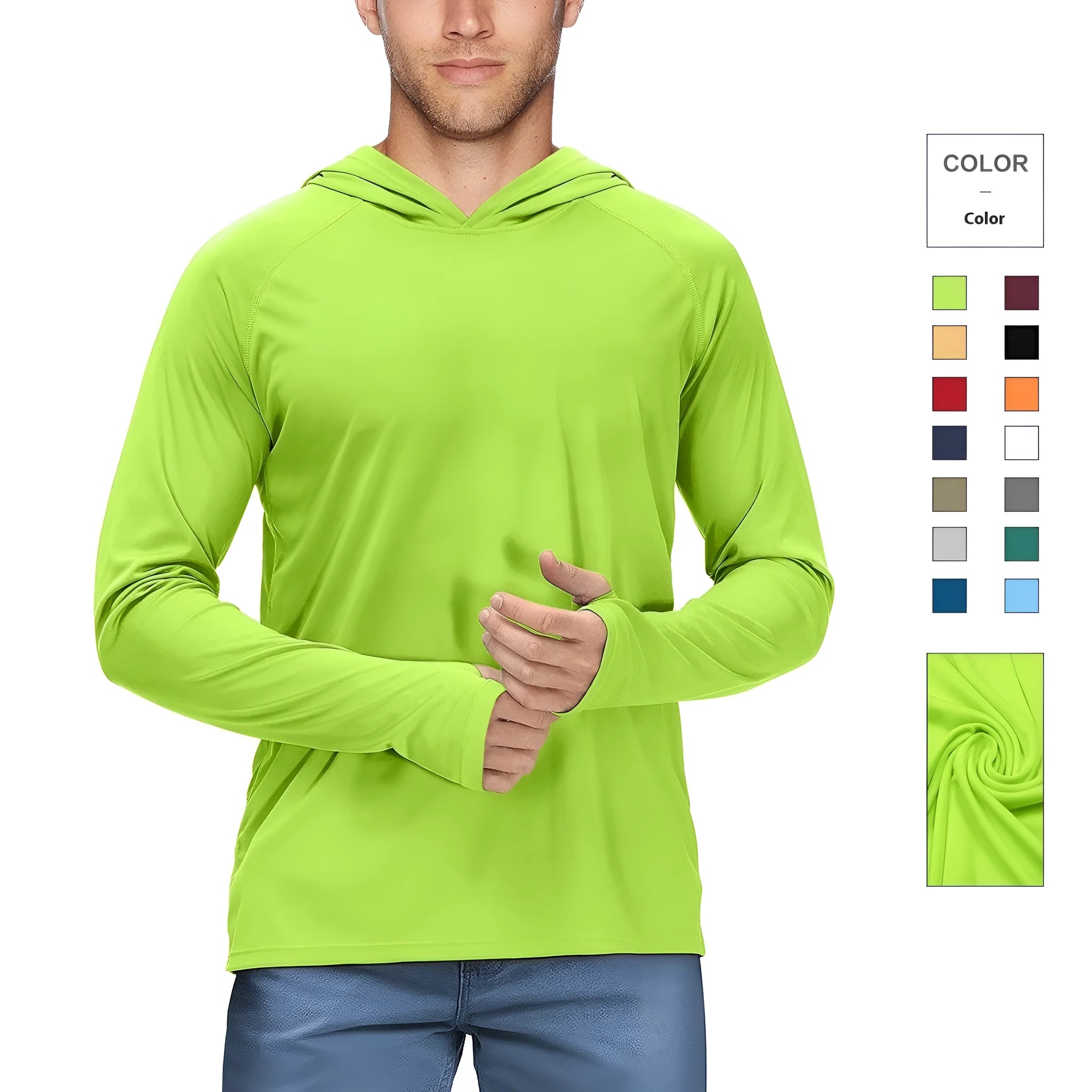 Man wearing a slim fit hooded sun protection suit in army green for outdoor fishing or hiking.