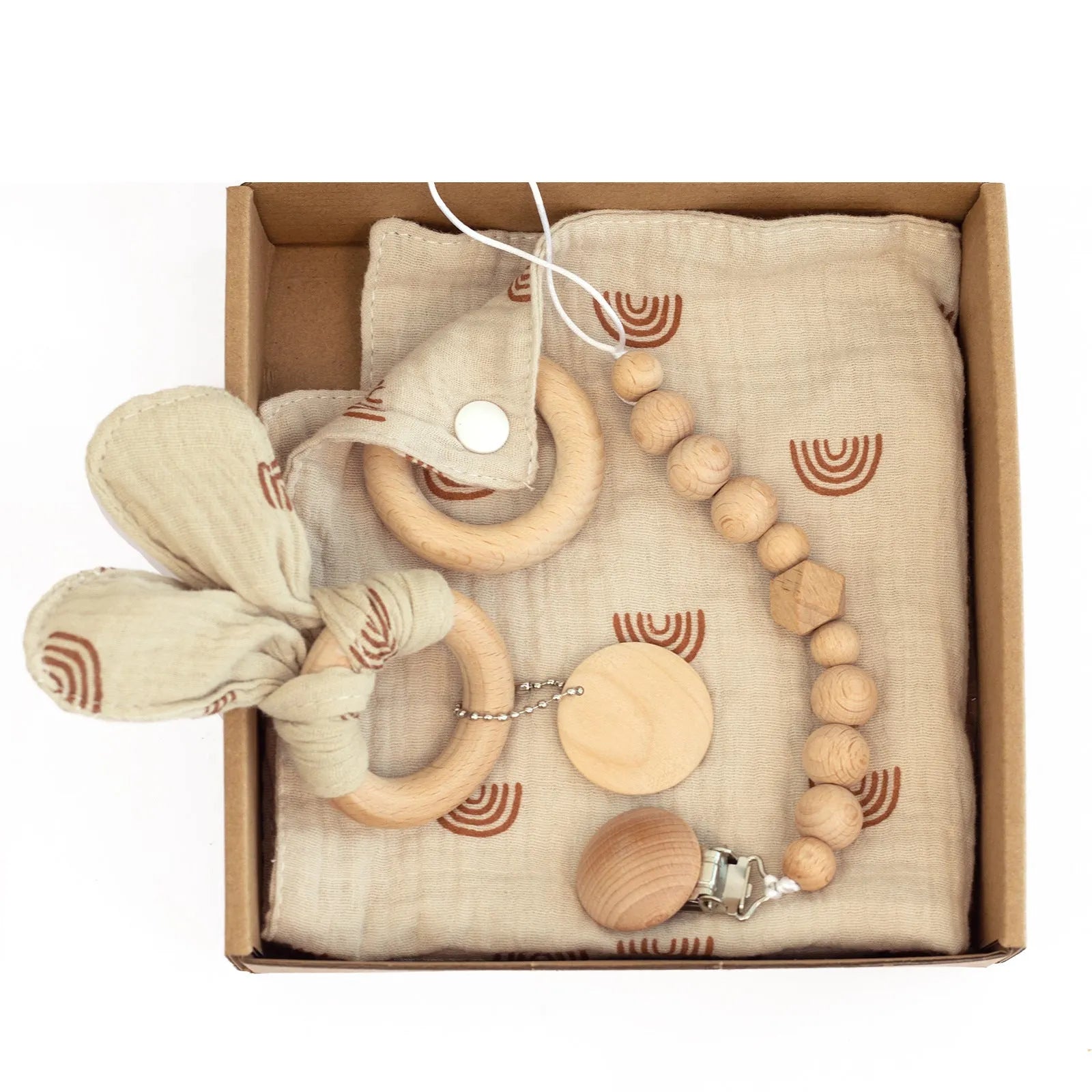 Baby teething toy gift set with gauze blanket, wooden milestone, bell, beech gum and tire brush