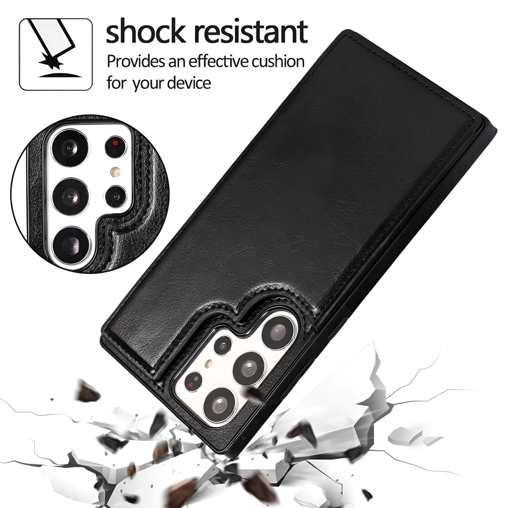 Solid colour double buckle PU leather phone case for Samsung with card slot and magnetic holder, black colour