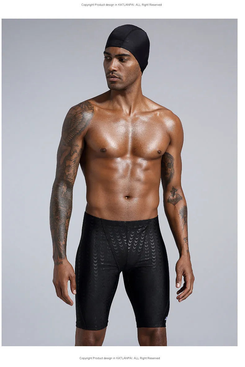 Men's solid colour swimming trunks in waterproof shark skin polyester fabric, shown in larger sizes.
