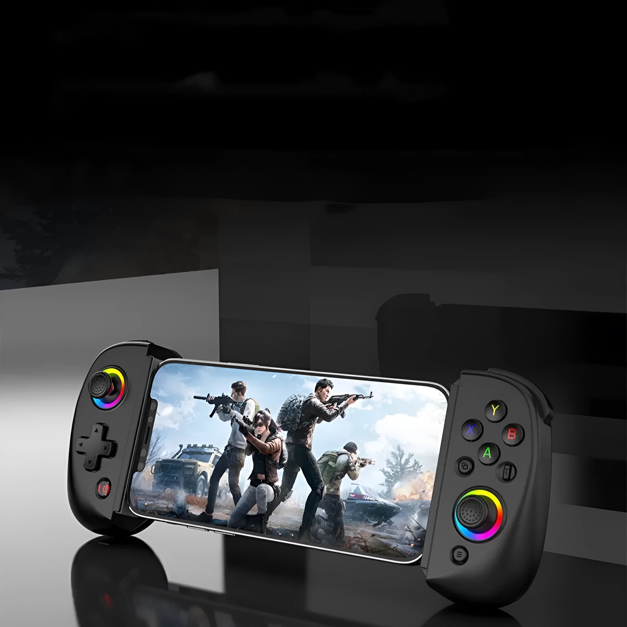 D8 Bluetooth gamepad extended to hold a tablet, showing black plastic body with coloured option highlights.