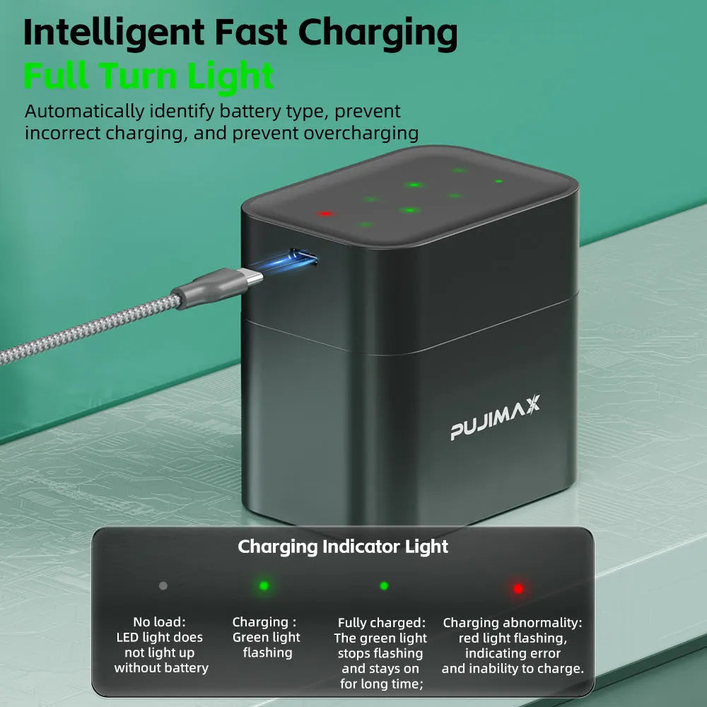 Eight-slot AA smart lithium battery charger with Type-C port and green indicator light, charging multiple batteries